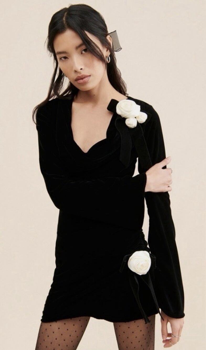For Love & Lemons Dress Small Black Velvet Floral Rosette Mini Party M A010376